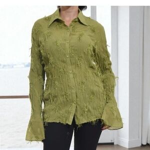 RAG Women's Green Button Up Long Sleeve Tassled Frill Blouse Size M #260185